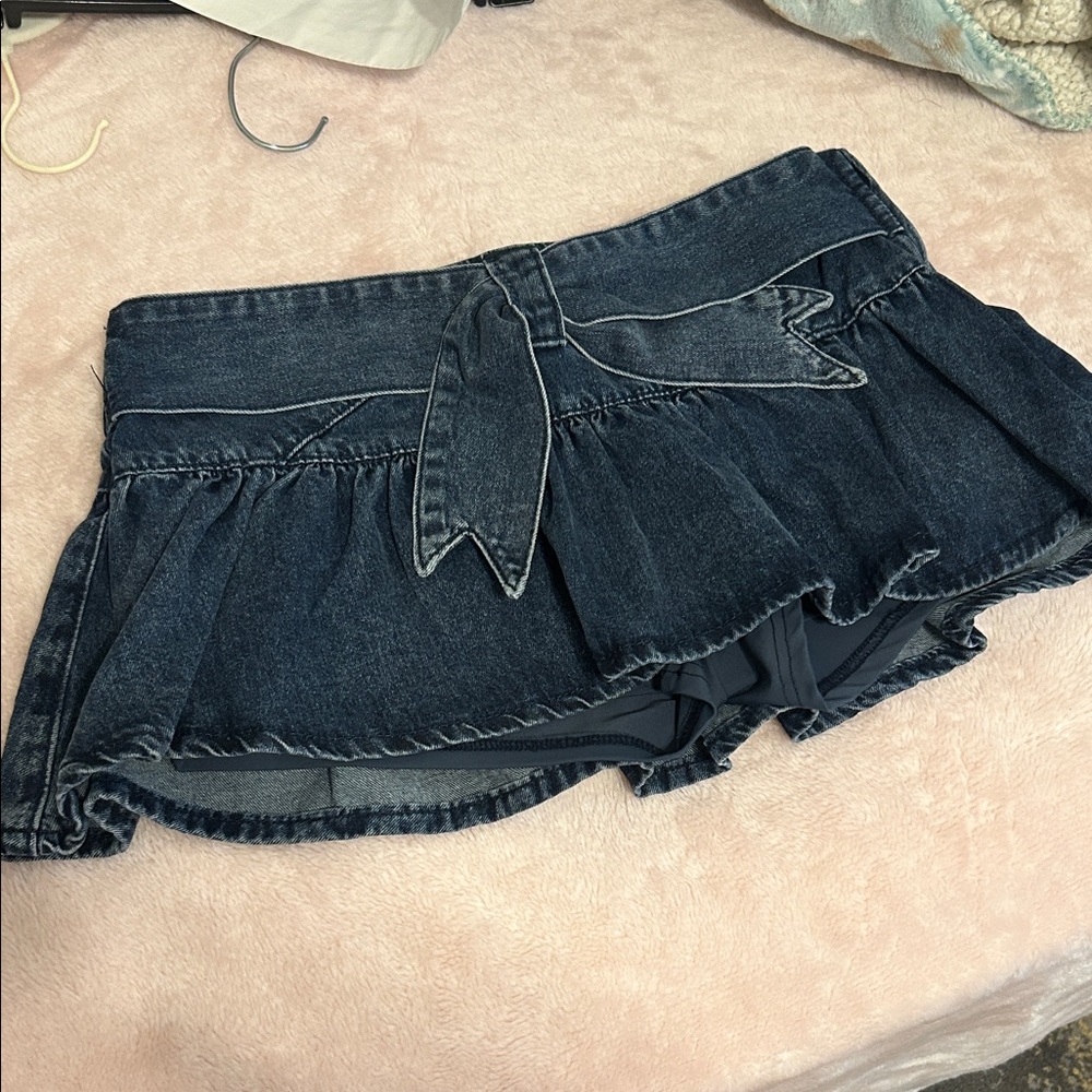 Edikted Dark Blue Denim Mini Skirt with Bow Detail